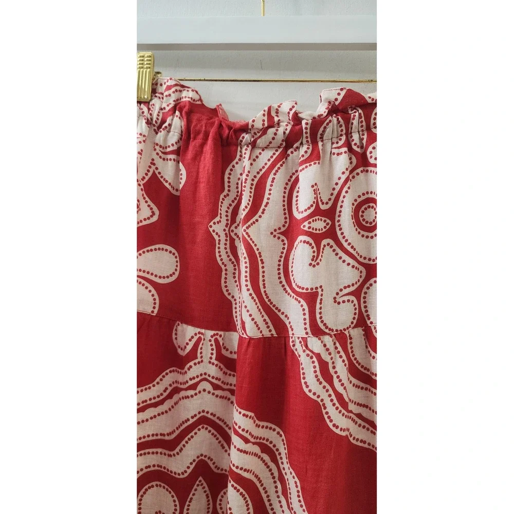 Lemlem by Liya Kebede Red White Linen Tiered Maxi Skirt Paisley Paperbag Waist S